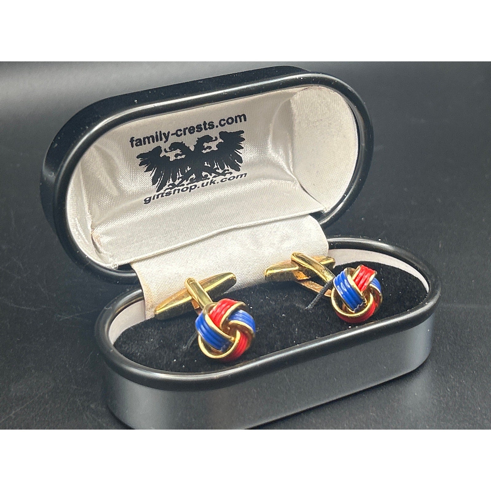 Vintage Red Blue Enamel Love Knot Cufflinks | Gold Tone Boxed Wedding Gift Dad