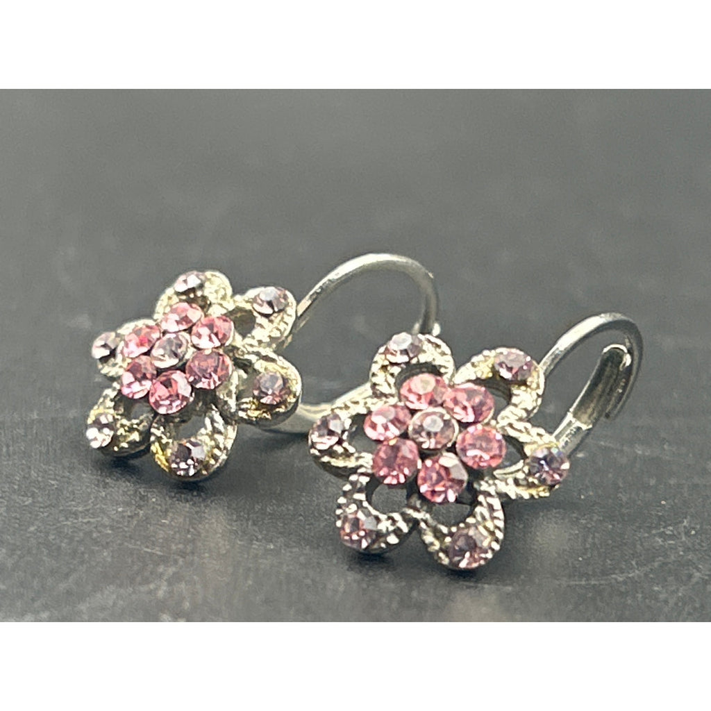 Vintage Silver Tone Pink Rhinestone Floral Dangle Drop Earrings