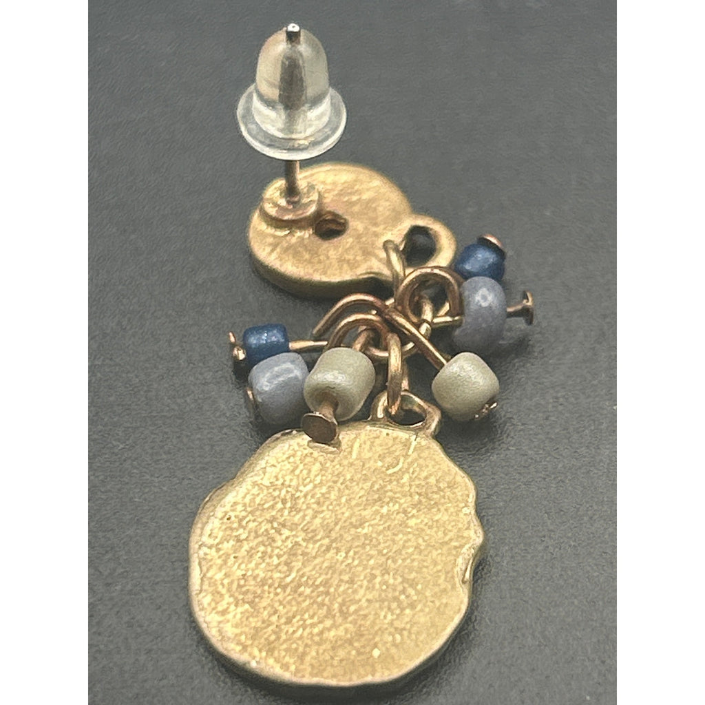 Vintage Gold Tone Hammered Coin Drop Earrings Blue Gray Bead Cluster