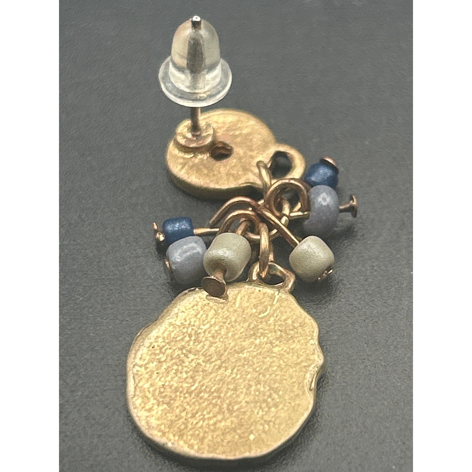 Vintage Gold Tone Hammered Coin Drop Earrings Blue Gray Bead Cluster