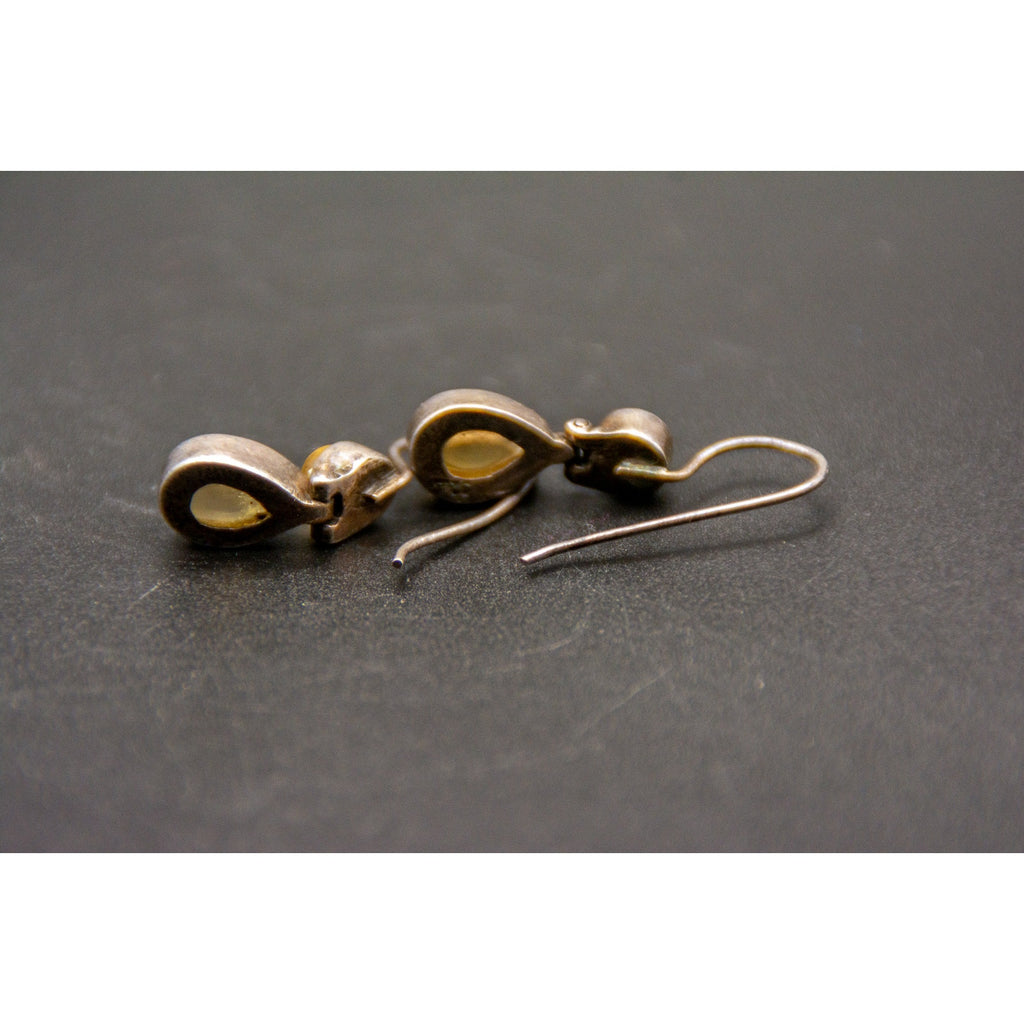 Vtg 925 Sterling Silver Citrine Cabochon Hinge Teardrop Dangle Hook Earrings