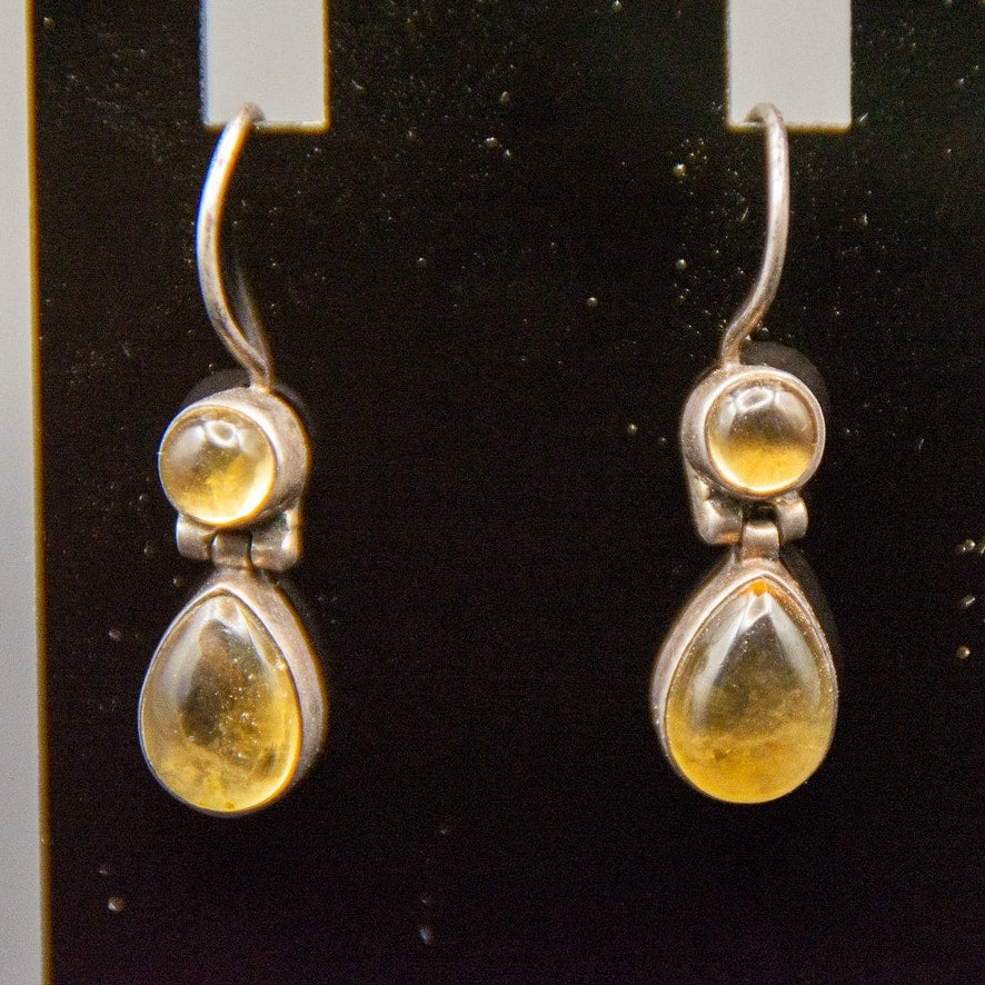 Vtg 925 Sterling Silver Citrine Cabochon Hinge Teardrop Dangle Hook Earrings