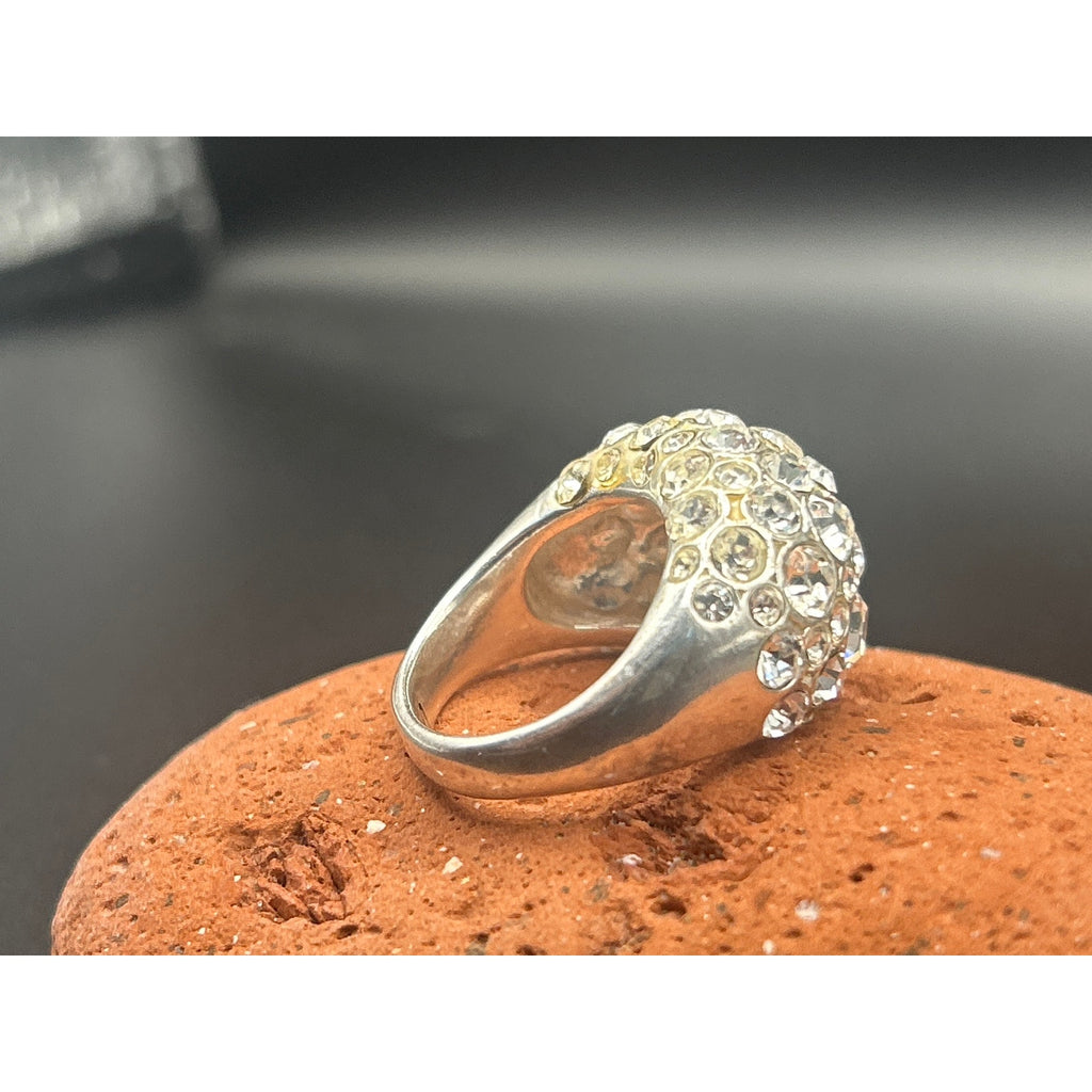 Vintage Fossil Rhinestone Statement Ring Size 7 Silver Tone Pave Dome Y2K 2000s