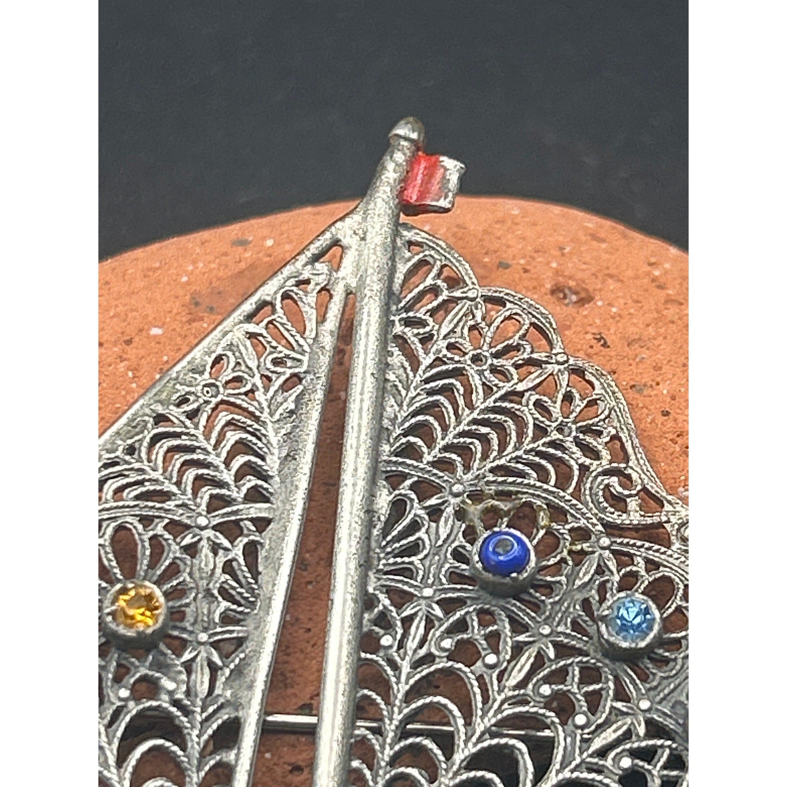 Vintage Silver Tone Filigree Sailboat Brooch Rhinestone Nautical Pin 3x3"
