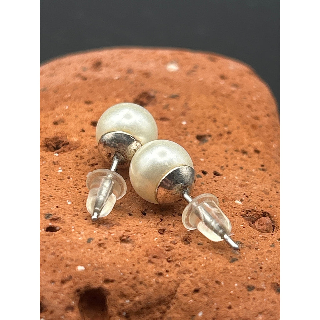Vintage 6mm Faux Pearl Stud Earrings Silver Tone Posts Classic White