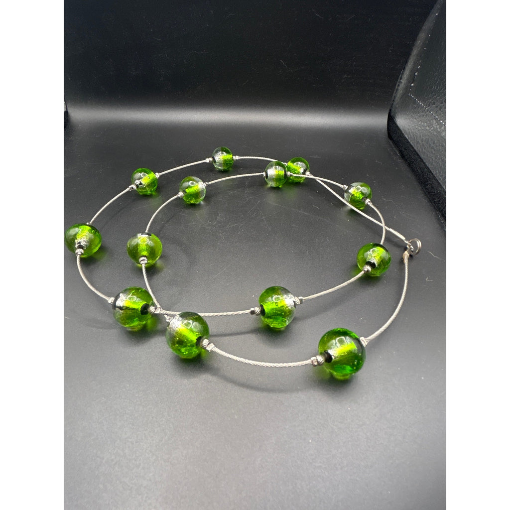 Handmade Green Swirl Glass Marble Pendant Necklace | 30" Long Steel