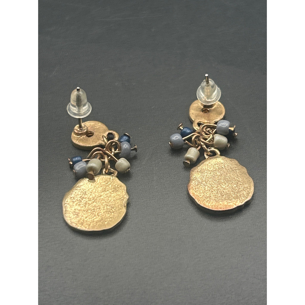 Vintage Gold Tone Hammered Coin Drop Earrings Blue Gray Bead Cluster