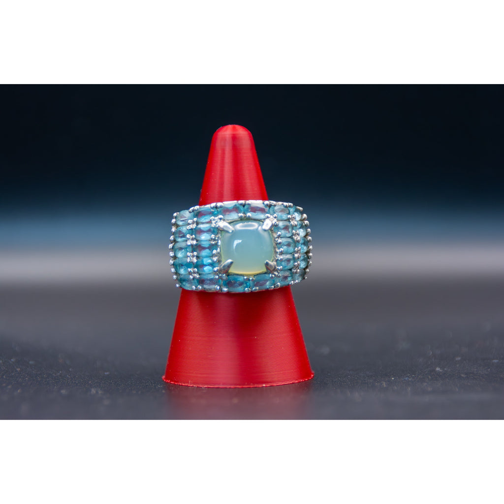 Vintage Green Chalcedony Blue Topaz Sterling Silver Ring - Size 6