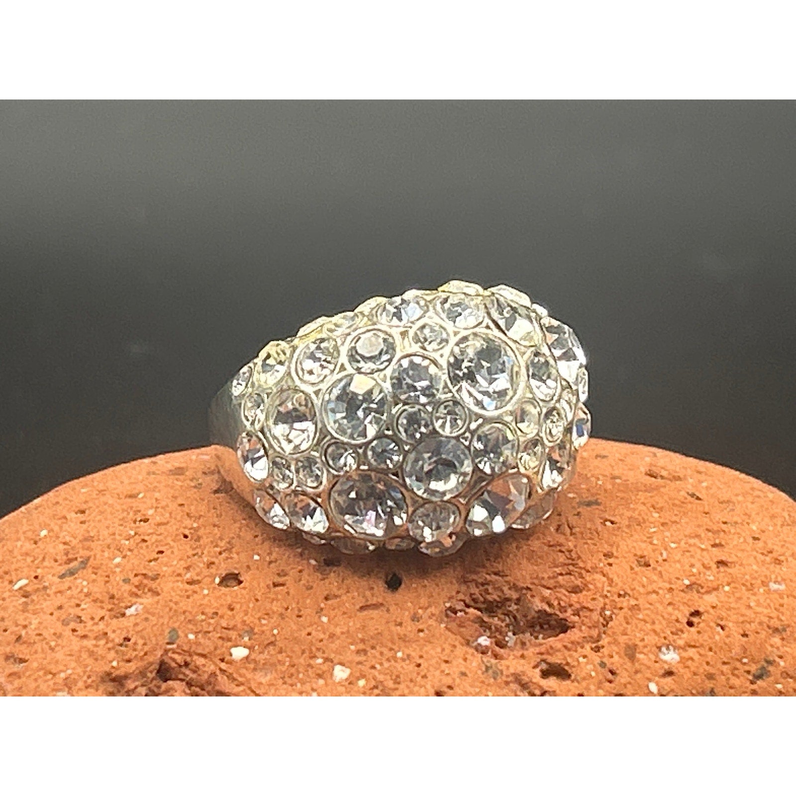 Vintage Fossil Rhinestone Statement Ring Size 7 Silver Tone Pave Dome Y2K 2000s