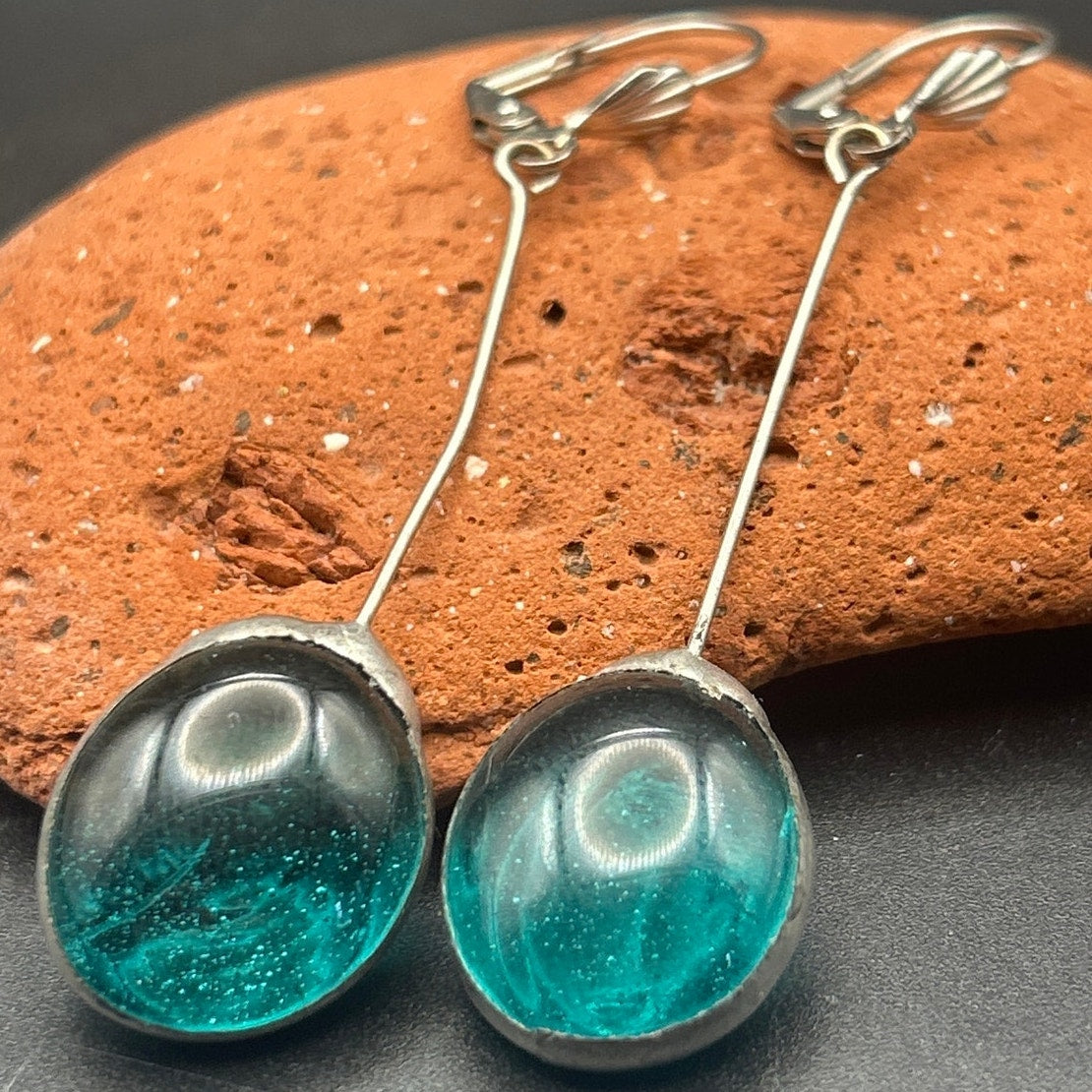 Handmade Fused Glass Drop Earrings Teal Blue Green Art Glass Dangle