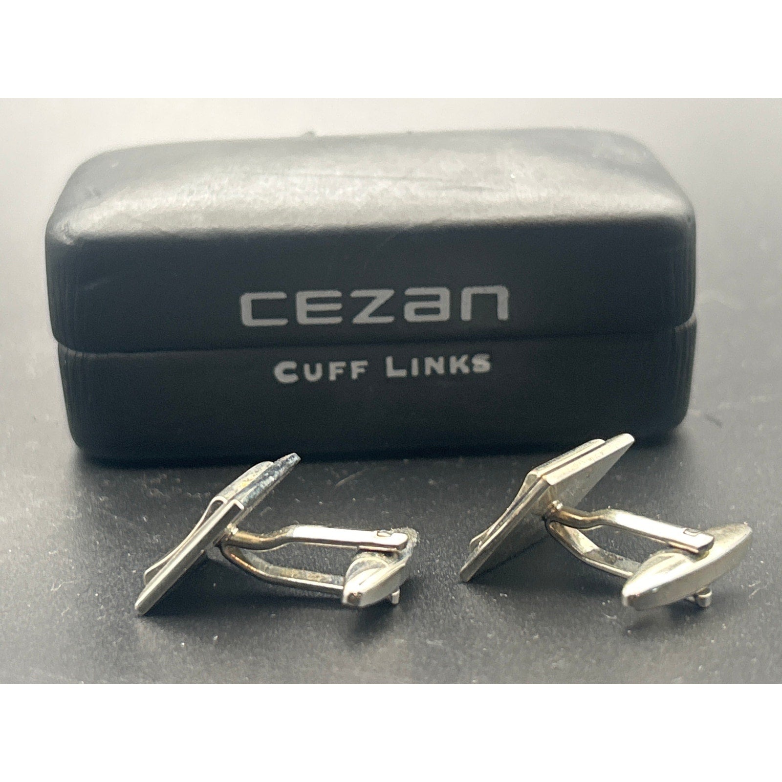 Vintage Cezan Silver Tone Cufflinks | Retro Modernist Bar Geometric Boxed