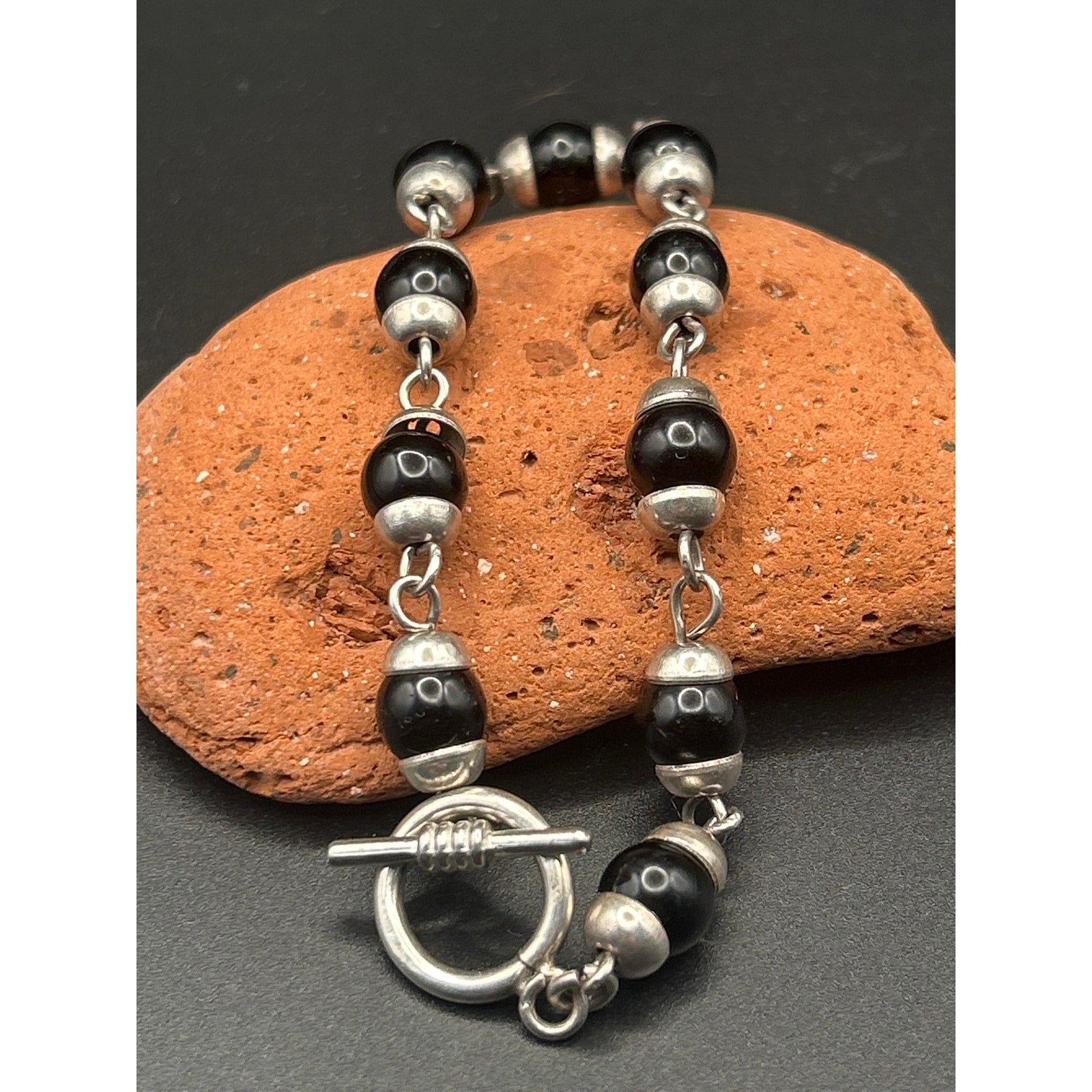 Vintage Mexican 925 Sterling Silver Black Onyx Bead Bracelet 6.5" Toggle