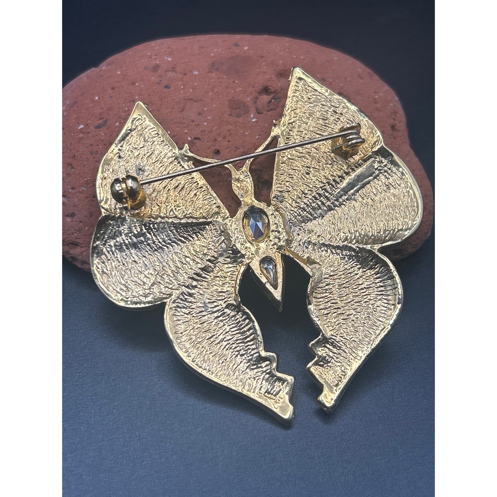 Vintage 80s Gold Tone Black Enamel Butterfly Brooch Colorful Rhinestones 2.25"