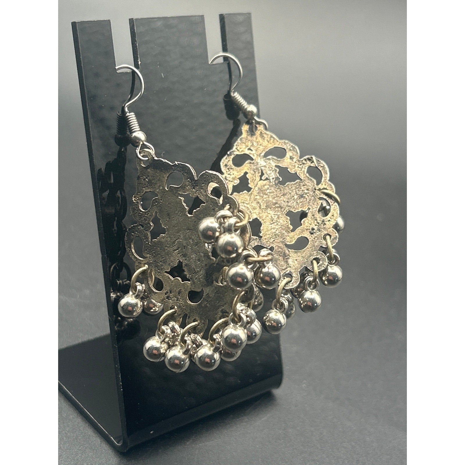 Tribal Oxidized Silver Drop Earrings | Boho Floral Dangle Beads