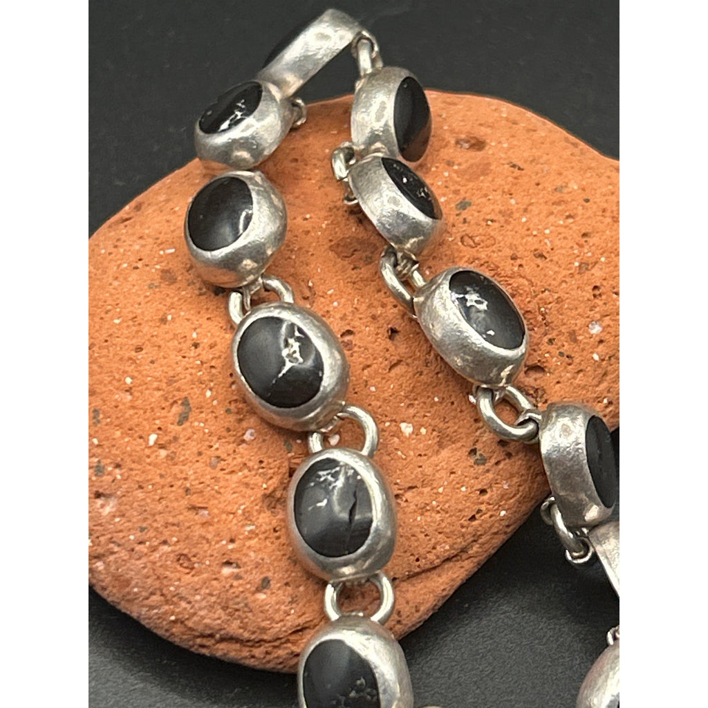 Vintage Taxco 925 Sterling Silver Heavy Black Onyx Link Bracelet 7" Mexico