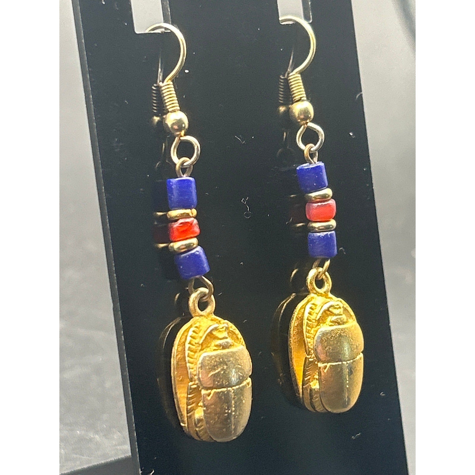 Vintage Egyptian Revival Scarab Earrings | Gold Tone Blue Red Bead Drop