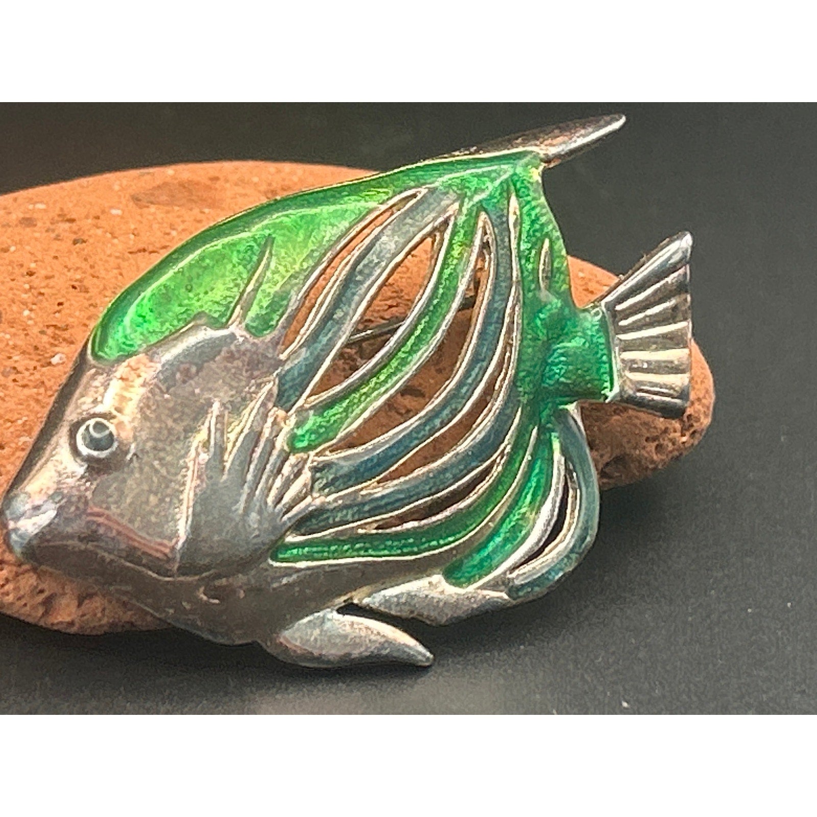 Vintage Gold Tone Green Enamel Tropical Fish Brooch Red Rhinestone Eye 2.5x1.5"