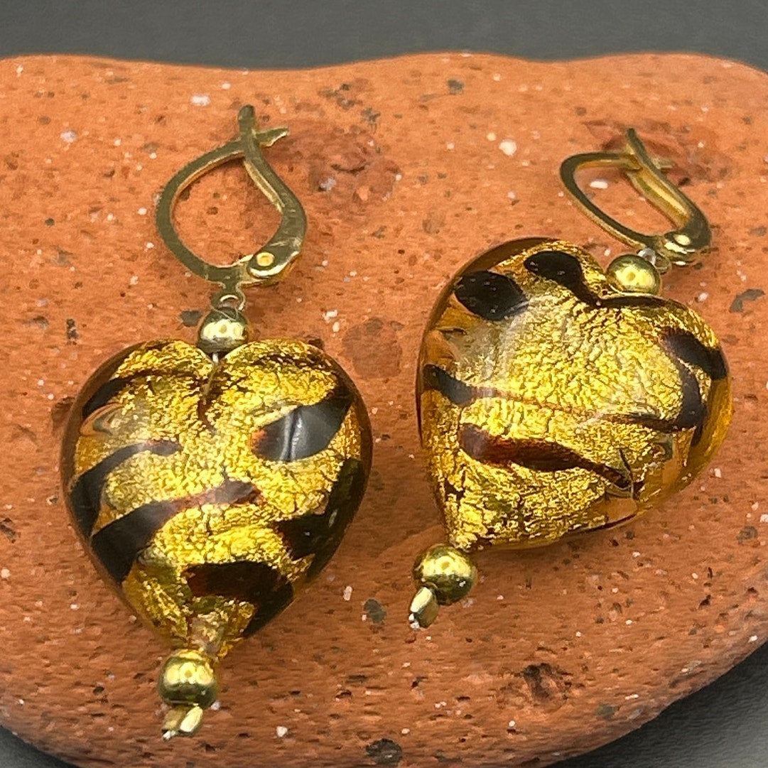 Handmade Glass Animal Print Heart Dangle Earrings Gold Tone Drop