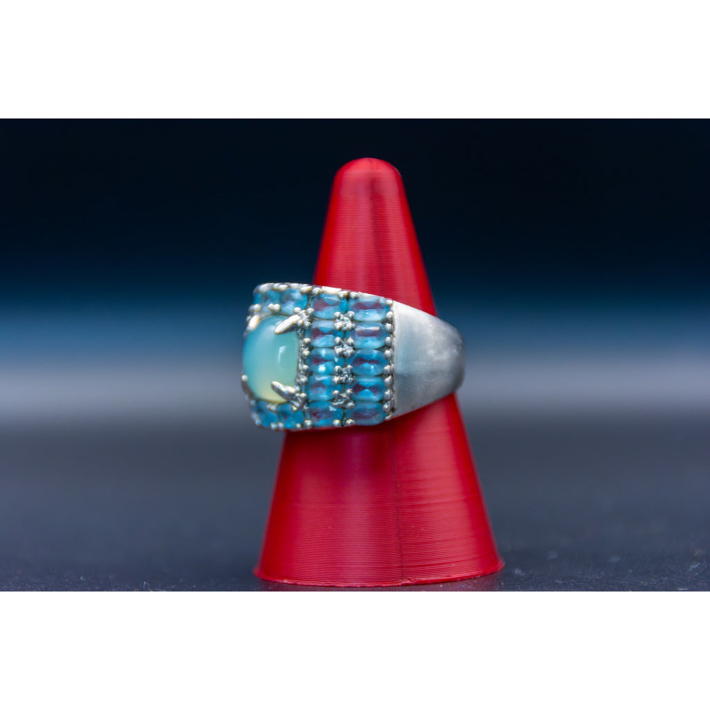 Vintage Green Chalcedony Blue Topaz Sterling Silver Ring - Size 6