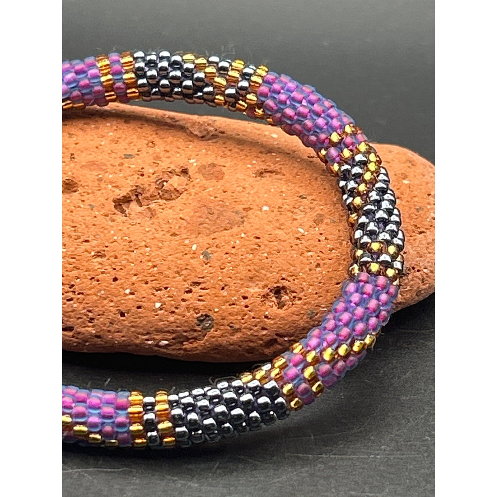Nepalese Beaded Roll On Bracelet | Handmade Purple Gold Silver Crochet Rope Gift