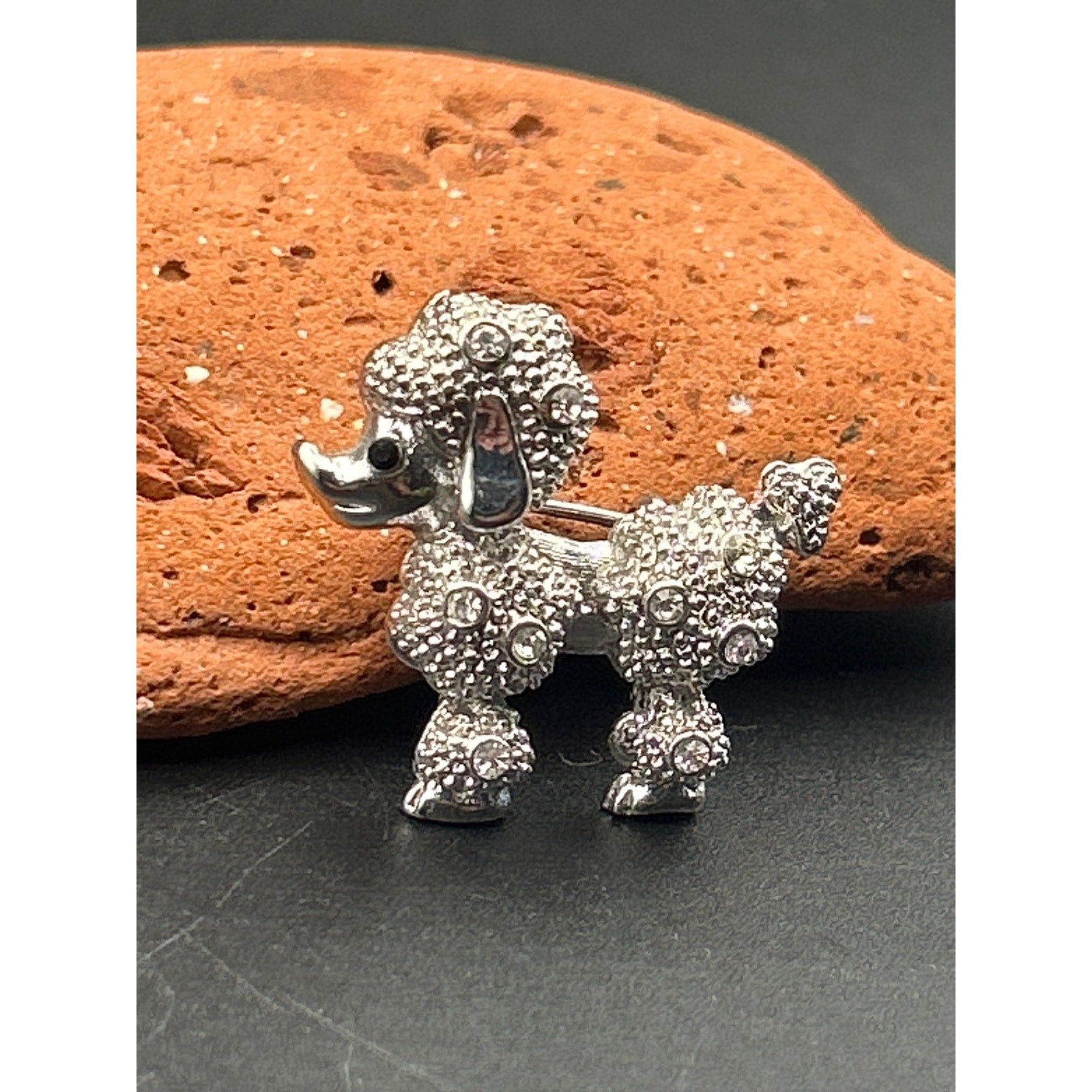 Vintage Silver Tone Textured Poodle Brooch Pin | Retro Rhinestone Dog Gift