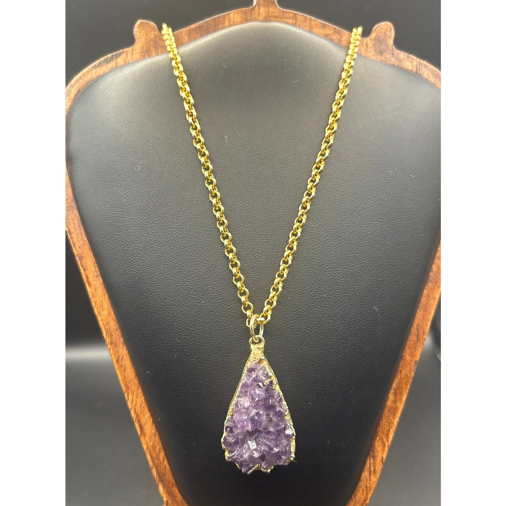 Vintage Premier Designs Amethyst Druzy Pendant Necklace 24" Gold Tone Crown Logo