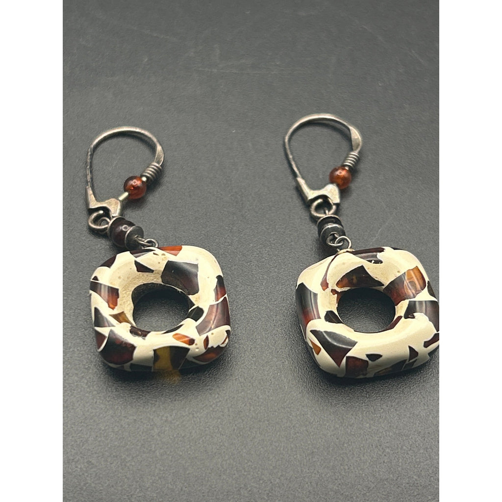 Vintage Modernist Resin Swirl Drop Dangle Earrings Amber Accent