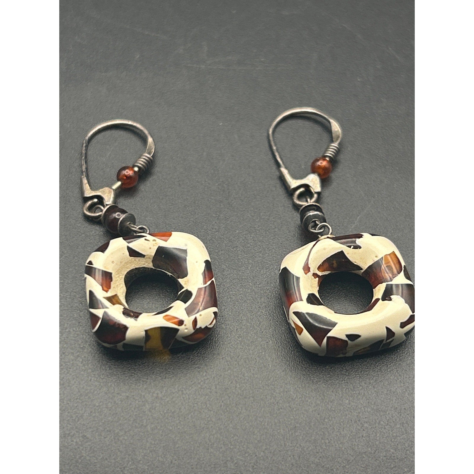 Vintage Modernist Resin Swirl Drop Dangle Earrings Amber Accent