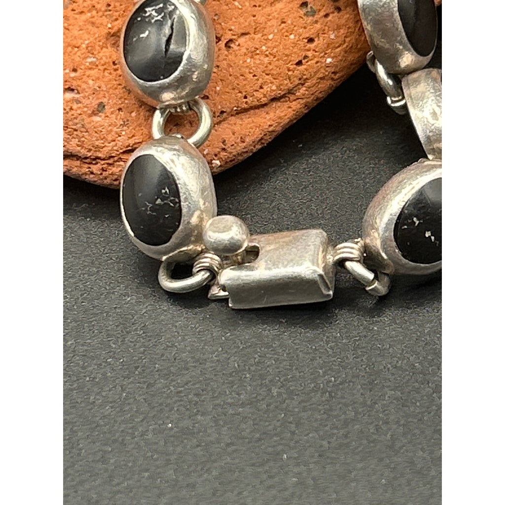 Vintage Taxco 925 Sterling Silver Heavy Black Onyx Link Bracelet 7" Mexico