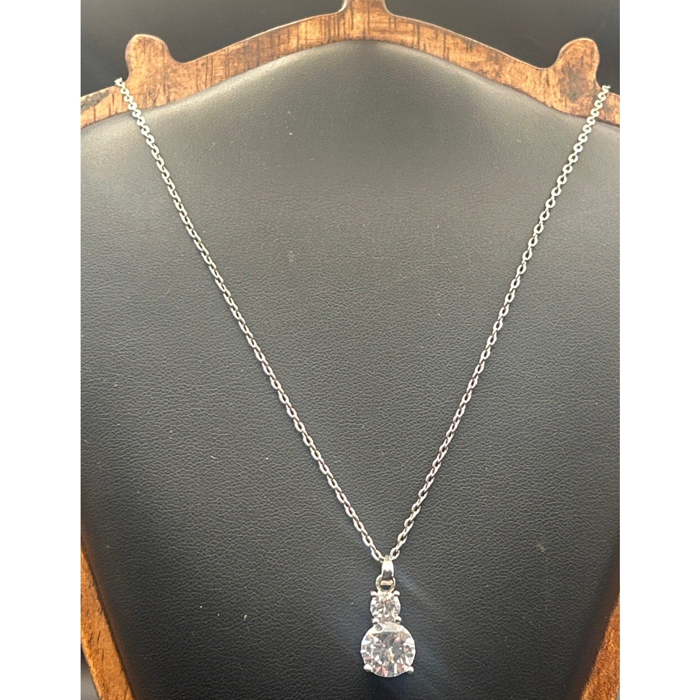 Silver Tone Faux Diamond CZ Double Round Drop Pendant Necklace