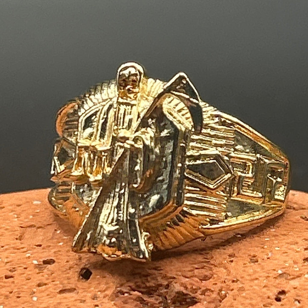 QMC Hallmarked Gold Plated Santa Muerte Statement Ring Size 11 Folk Art