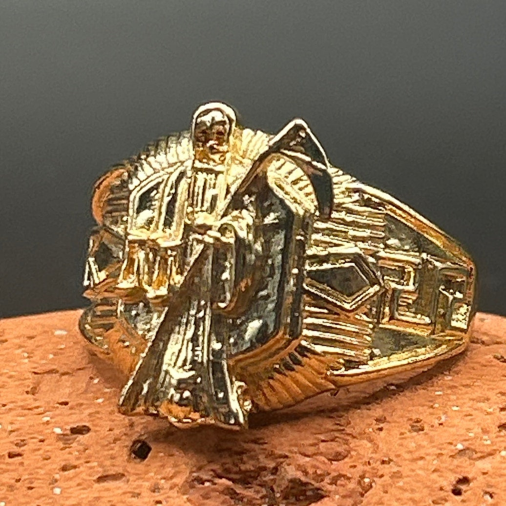 QMC Hallmarked Gold Plated Santa Muerte Statement Ring Size 11 Folk Art