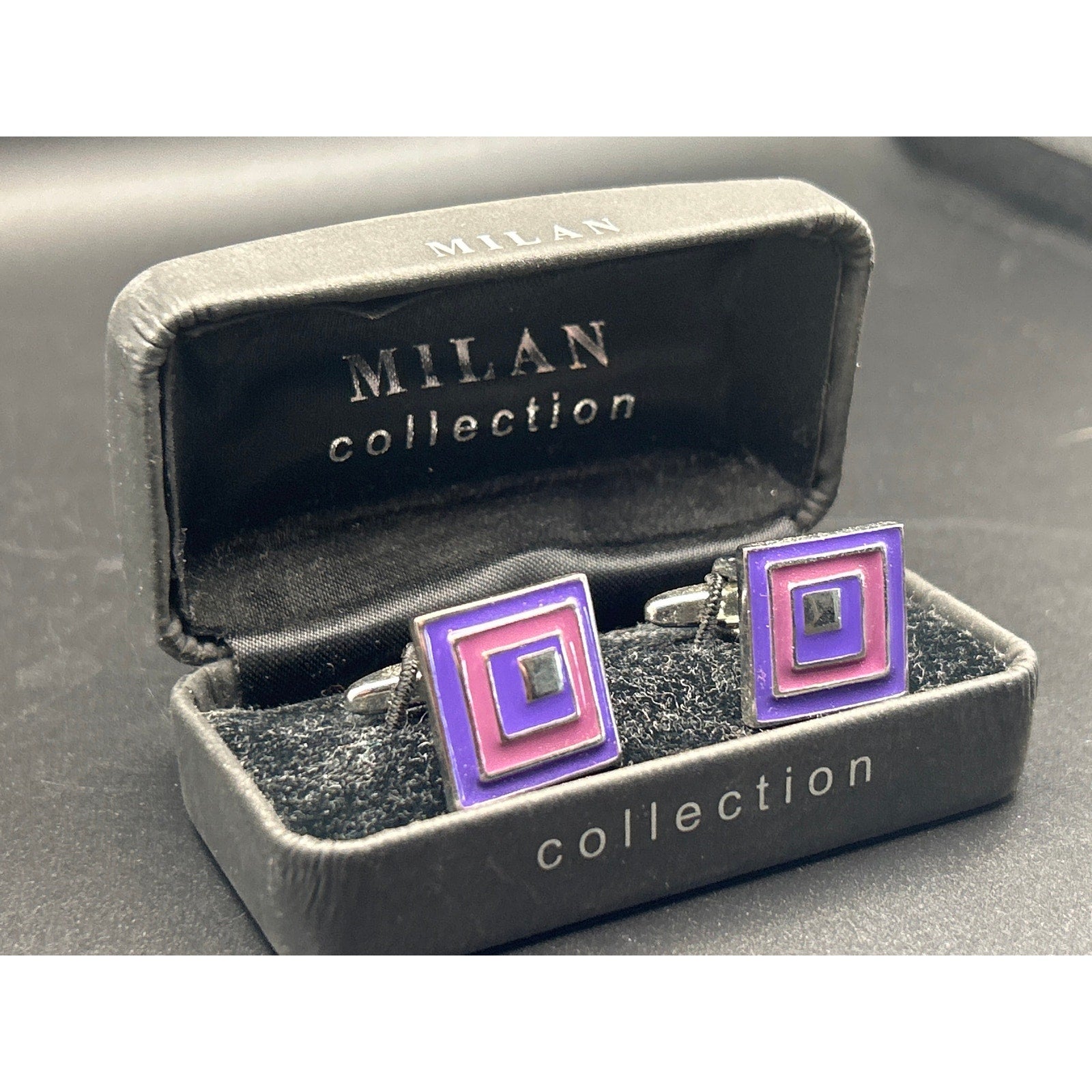 Vintage Milan Collection Cufflinks | Retro Purple Pink Nested Geometric Boxed