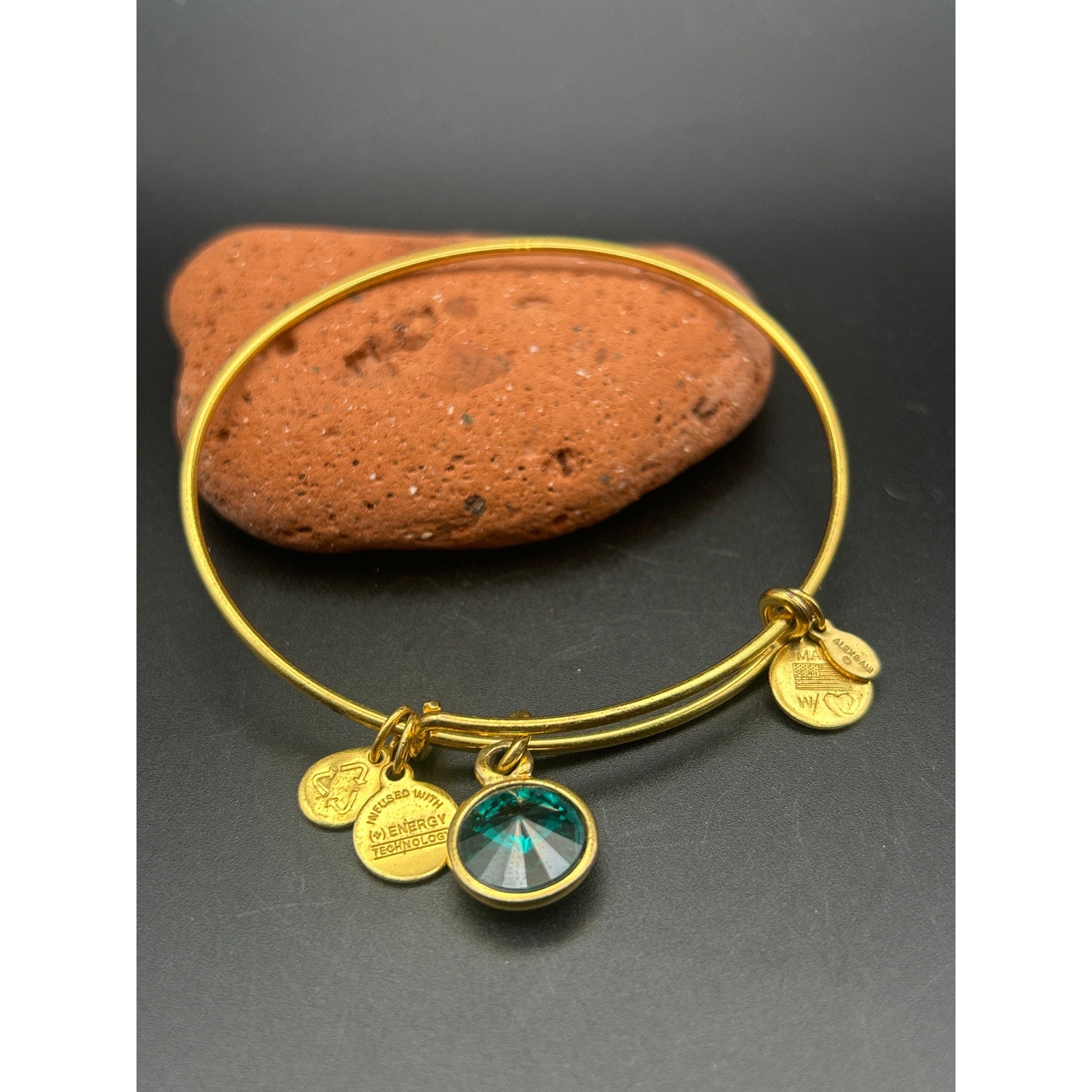 Alex and Ani Brass Bangle Charm Bracelet | Emerald Green May Birthstone Gold
