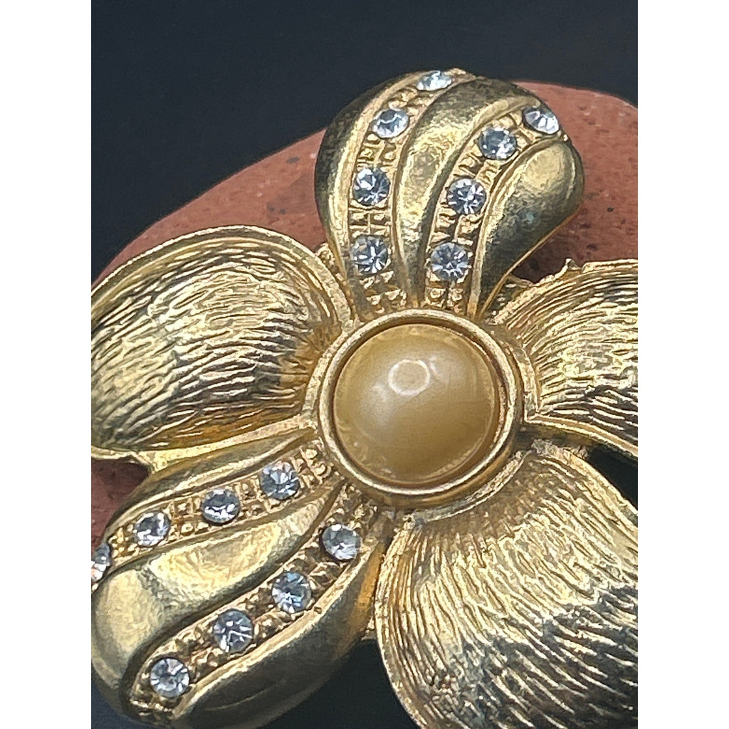 Vintage 80s Gold Tone Flower Brooch Faux Pearl Rhinestone Floral Pin 2.5 x 2.5"
