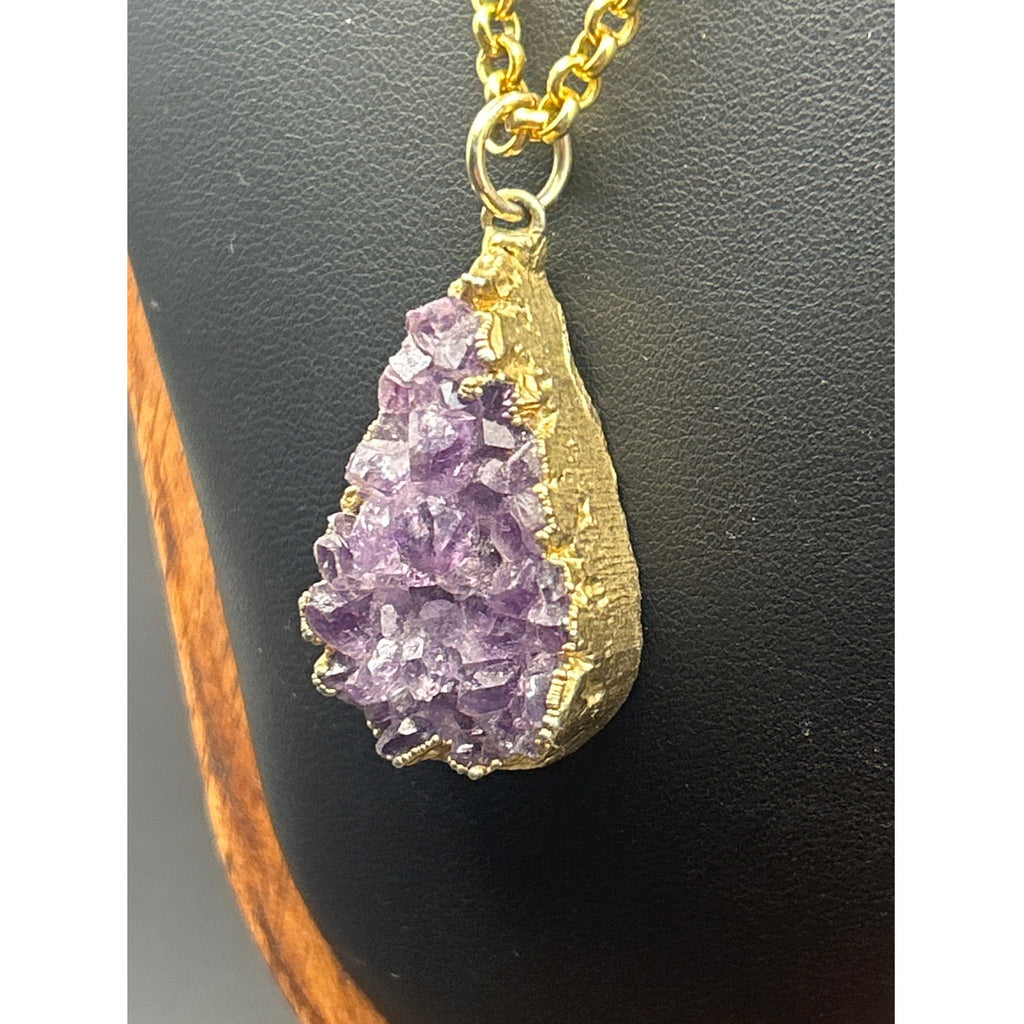 Vintage Premier Designs Amethyst Druzy Pendant Necklace 24" Gold Tone Crown Logo