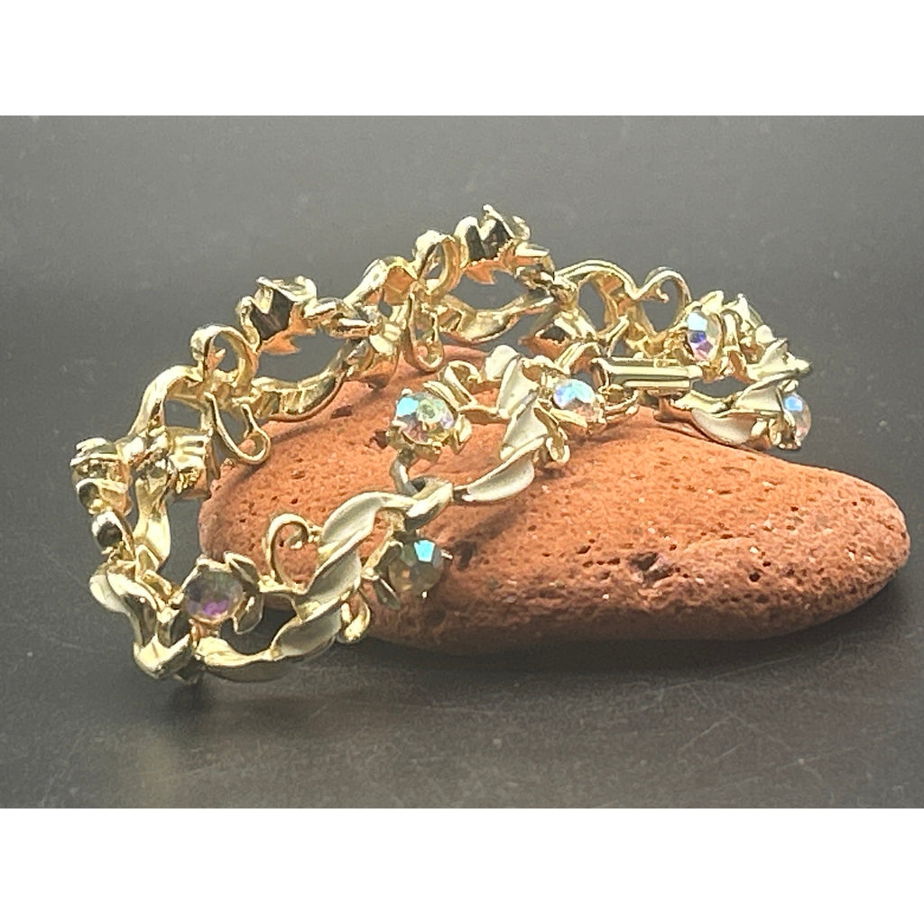 Vintage Gold Tone AB Crystal Bracelet | Retro Chunky Cream Enamel Swirl