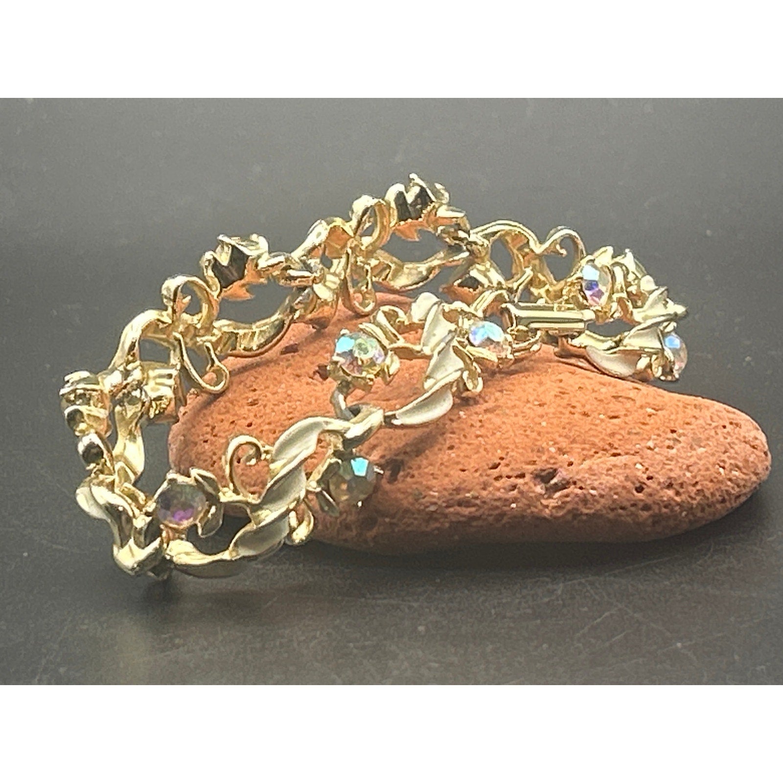 Vintage Gold Tone AB Crystal Bracelet | Retro Chunky Cream Enamel Swirl