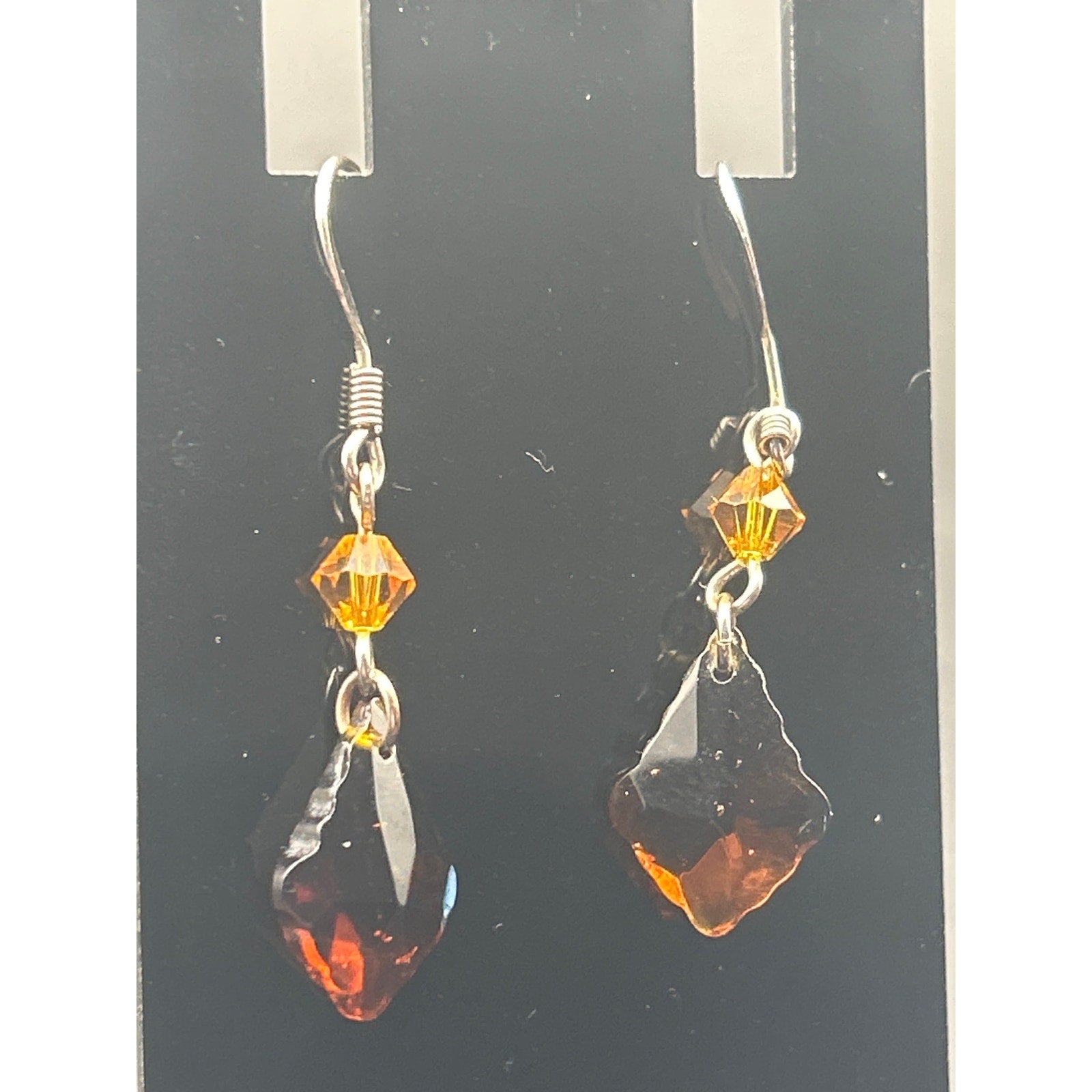 Vintage Amber Faceted Dangle Earrings | Orange Bead Diamond Drop