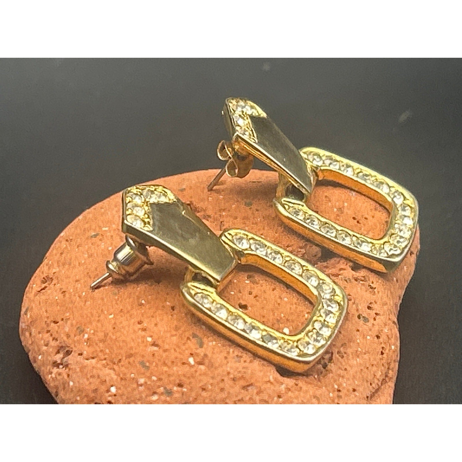 Vintage Gold Tone Pivoting Wire Rhinestone Dangle Drop Floating Earrings Y2K 90s