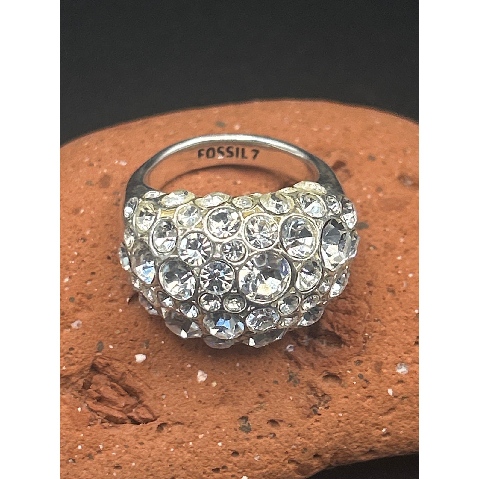 Vintage Fossil Rhinestone Statement Ring Size 7 Silver Tone Pave Dome Y2K 2000s