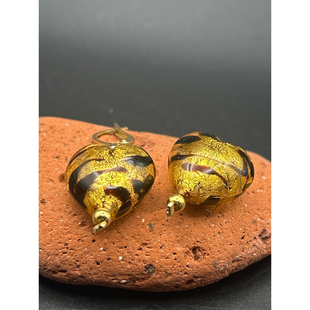 Handmade Glass Animal Print Heart Dangle Earrings Gold Tone Drop