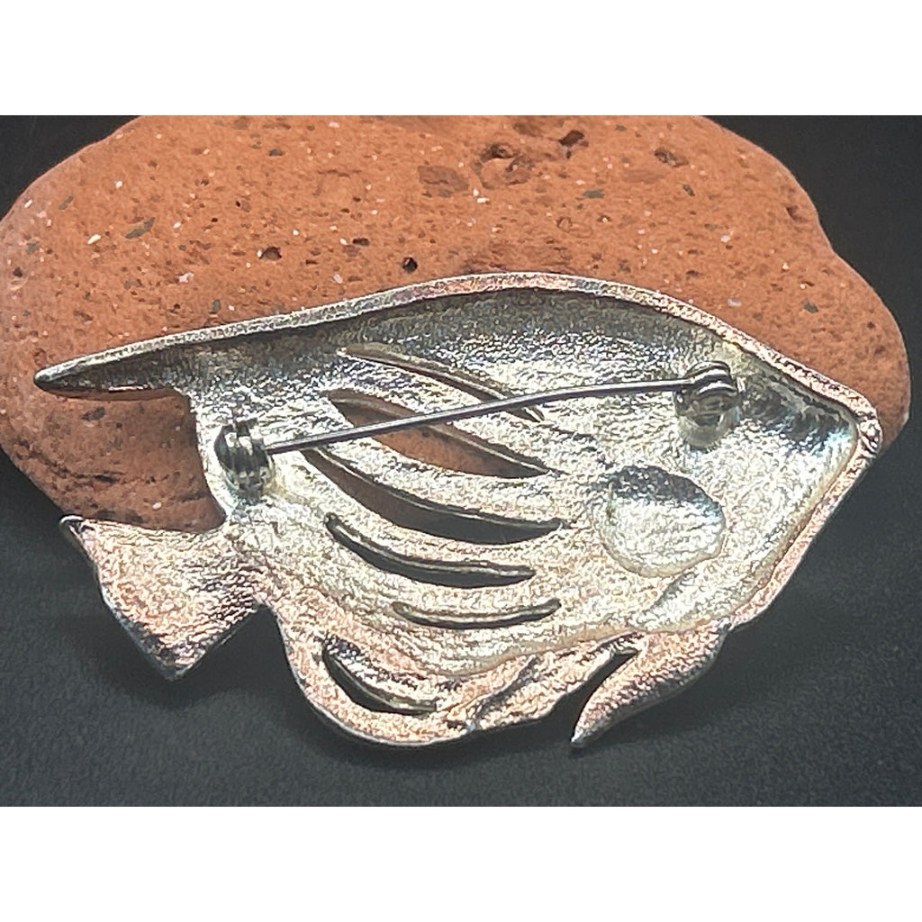 Vintage Gold Tone Green Enamel Tropical Fish Brooch Red Rhinestone Eye 2.5x1.5"