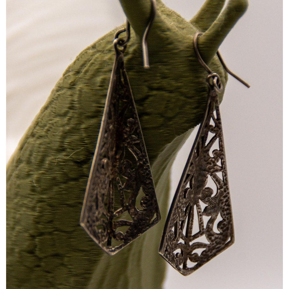 Vintage 925 Sterling Silver Filigree Dangle Drop Earrings Boho Openwork 1970s