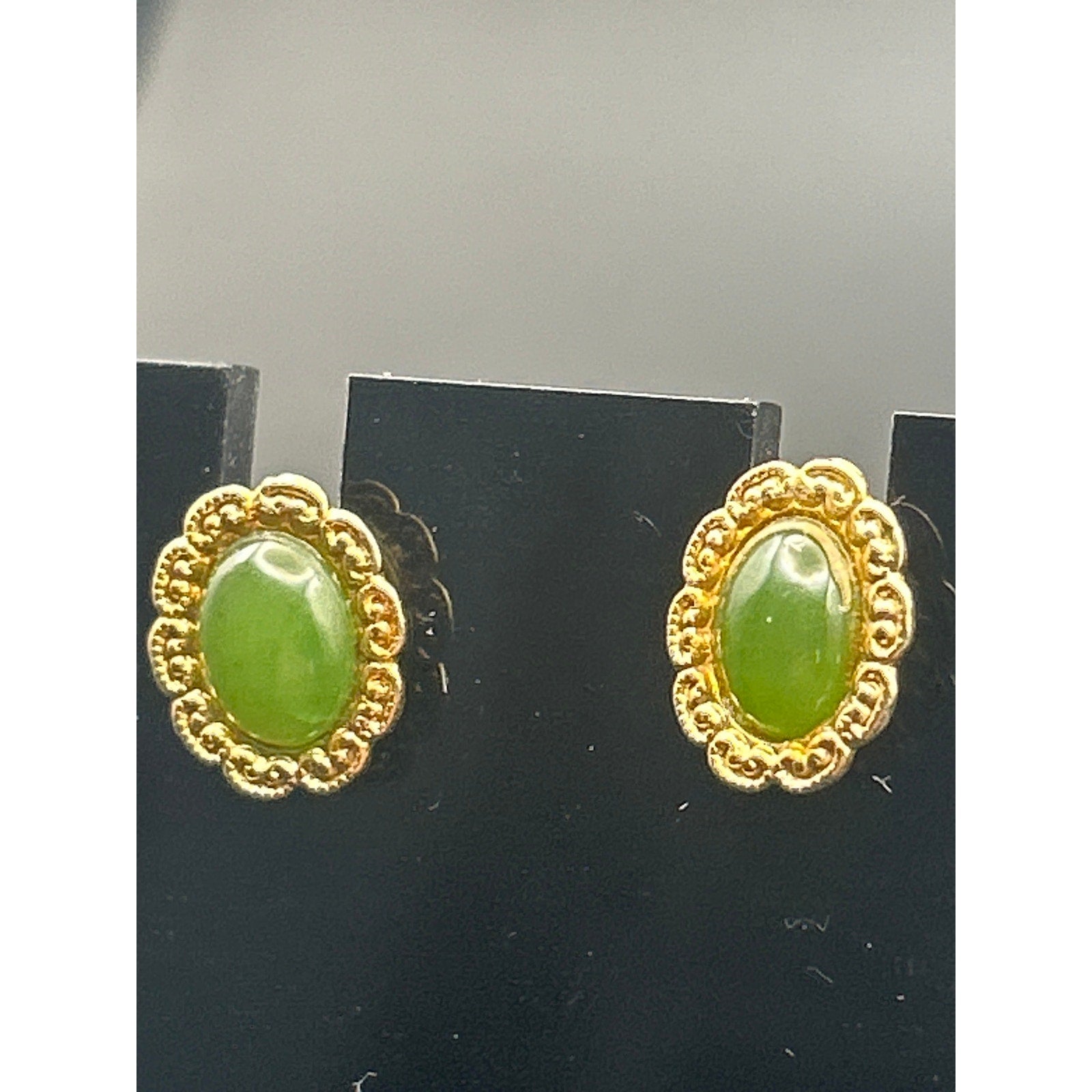 Vintage Faux Jade Cabochon Stud Earrings | Gold Tone Scalloped Floral