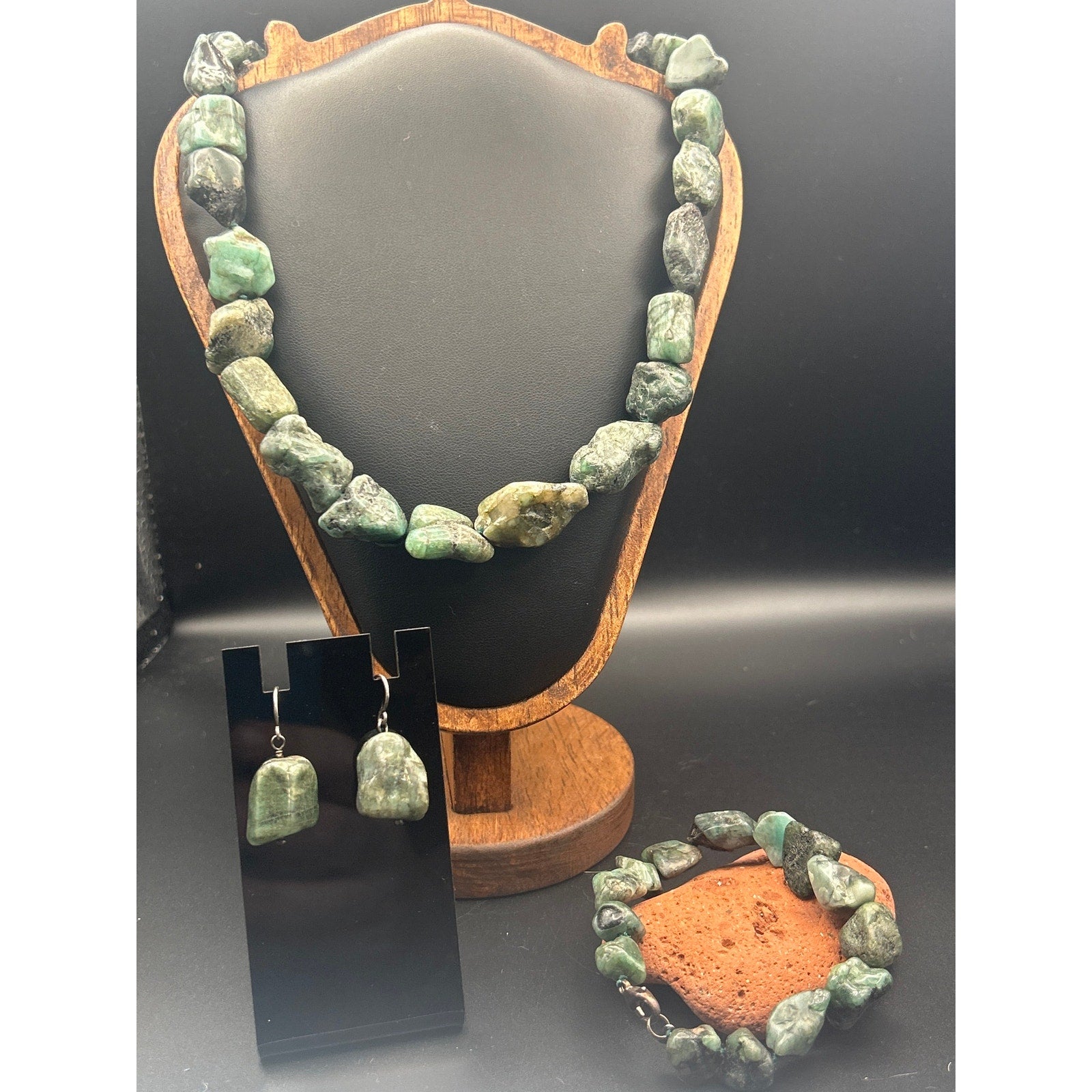 Vintage Lucoral LUC 925 Sterling Silver Raw Emerald 3 Pc Jewelry Set Stuller