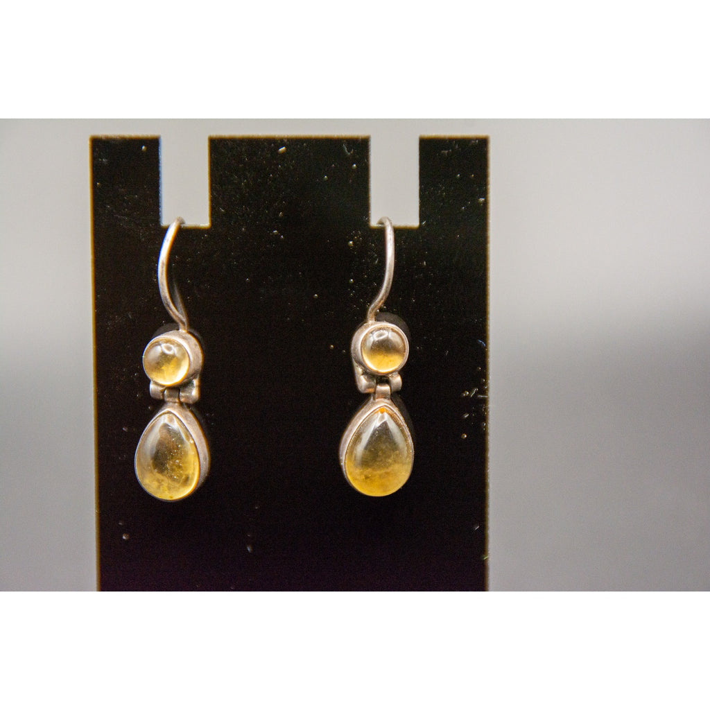 Vtg 925 Sterling Silver Citrine Cabochon Hinge Teardrop Dangle Hook Earrings