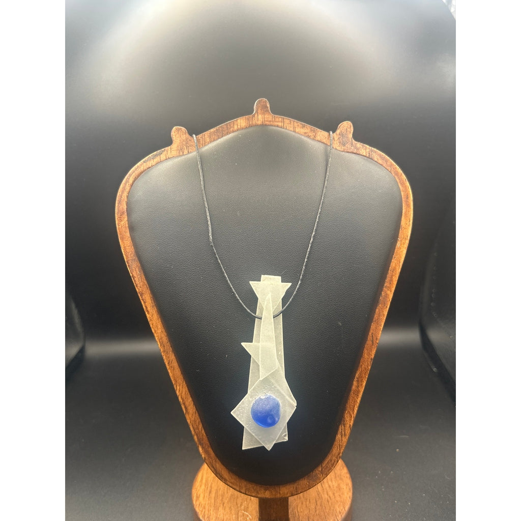 Handmade White Light Blue Fused Art Glass Pendant Cord Necklace Studio