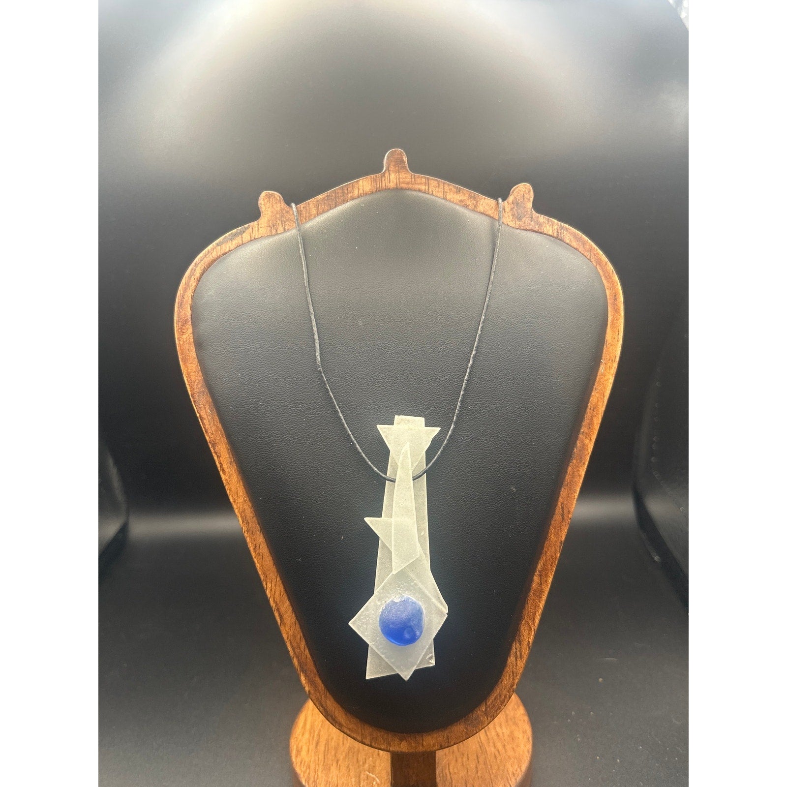 Handmade White Light Blue Fused Art Glass Pendant Cord Necklace Studio