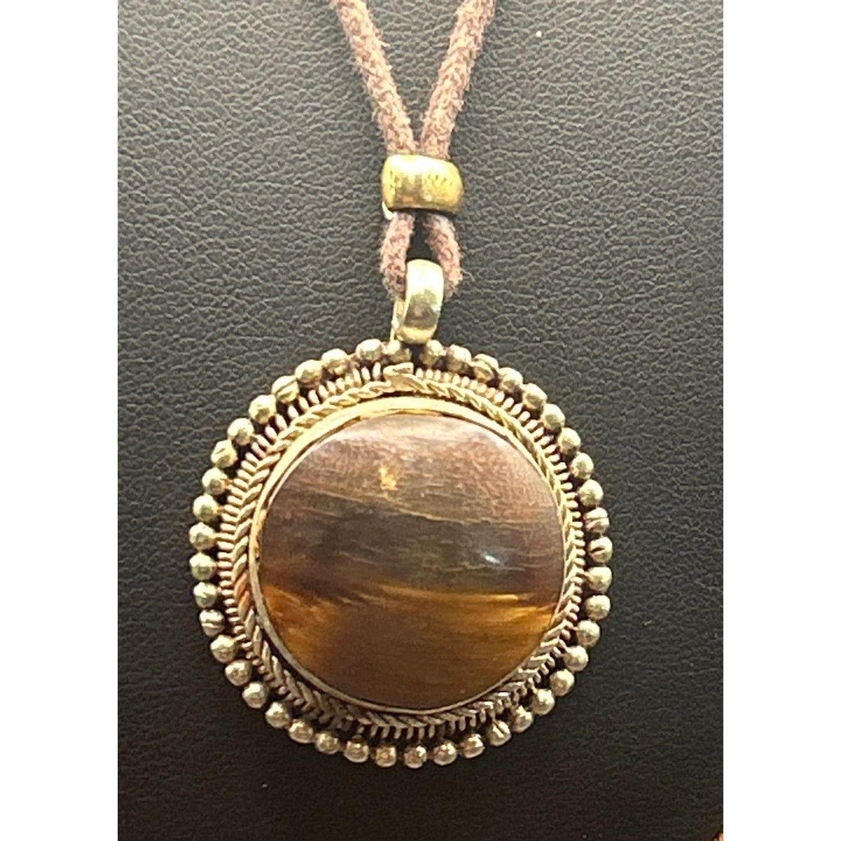 Vintage Handcrafted Tigers Eye Pendant Necklace Leather Cord Brass Bezel 16"